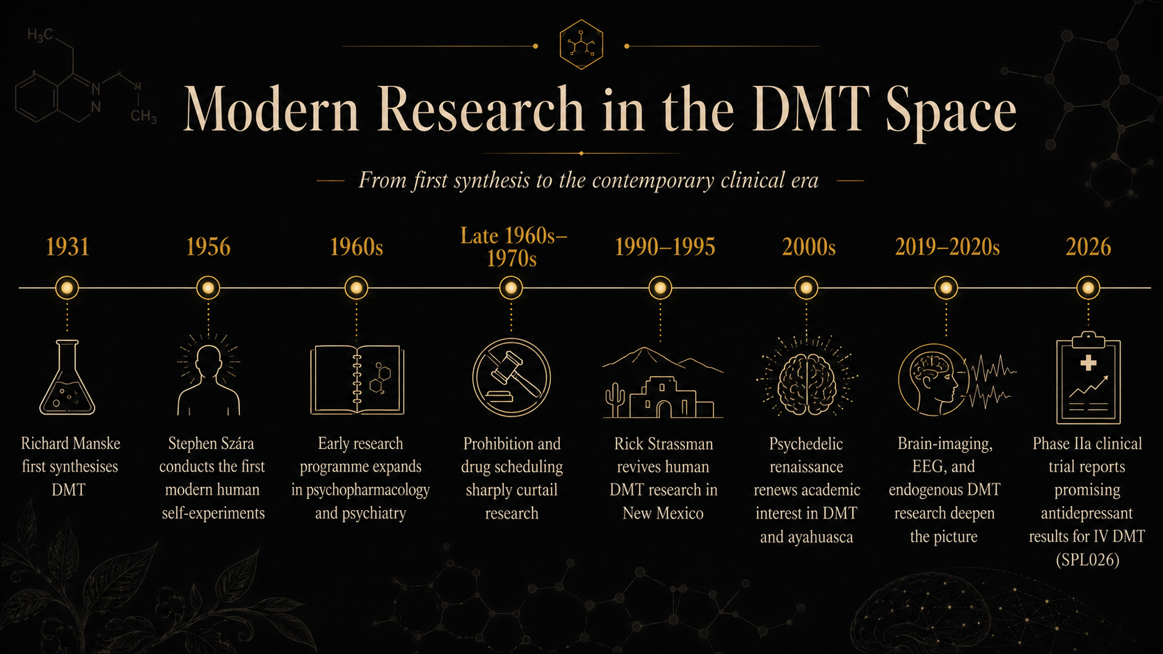 Horizontal timeline of modern DMT research from 1931 to 2026. Key milestones marked: 1931 first synthesis by Richard Manske; 1956 Stephen Szára's first human self-experiments; 1960s expansion of psychopharmacology research; late 1960s–1970s prohibition and curtailment; 1990–1995 Strassman's University of New Mexico studies; 2000s psychedelic renaissance; 2019–2020s brain-imaging and endogenous DMT research; 2026 SPL026 Phase IIa antidepressant trial results.