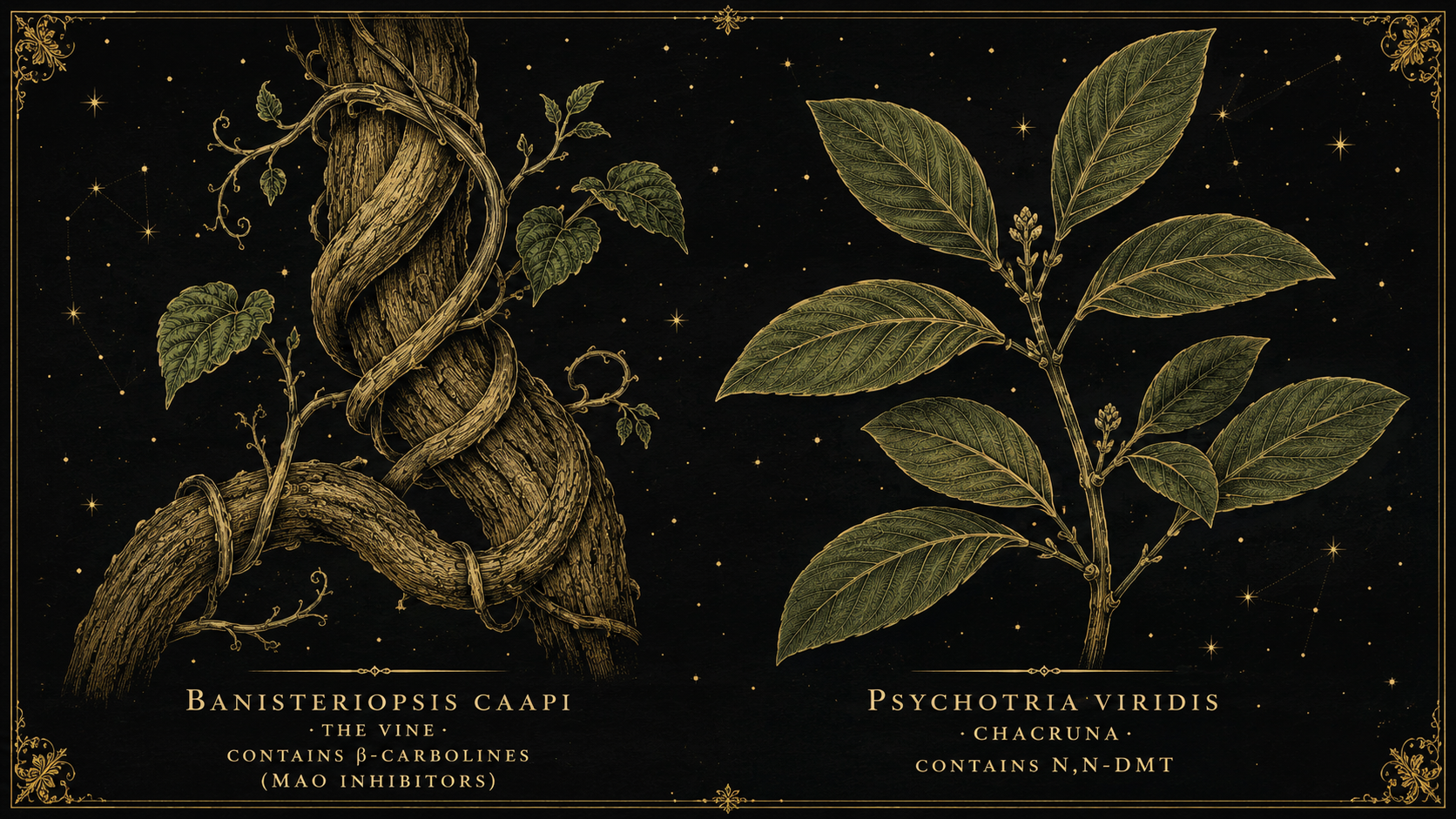 dark and gold scientific figure of banisterios caapi and psychotiria viridis