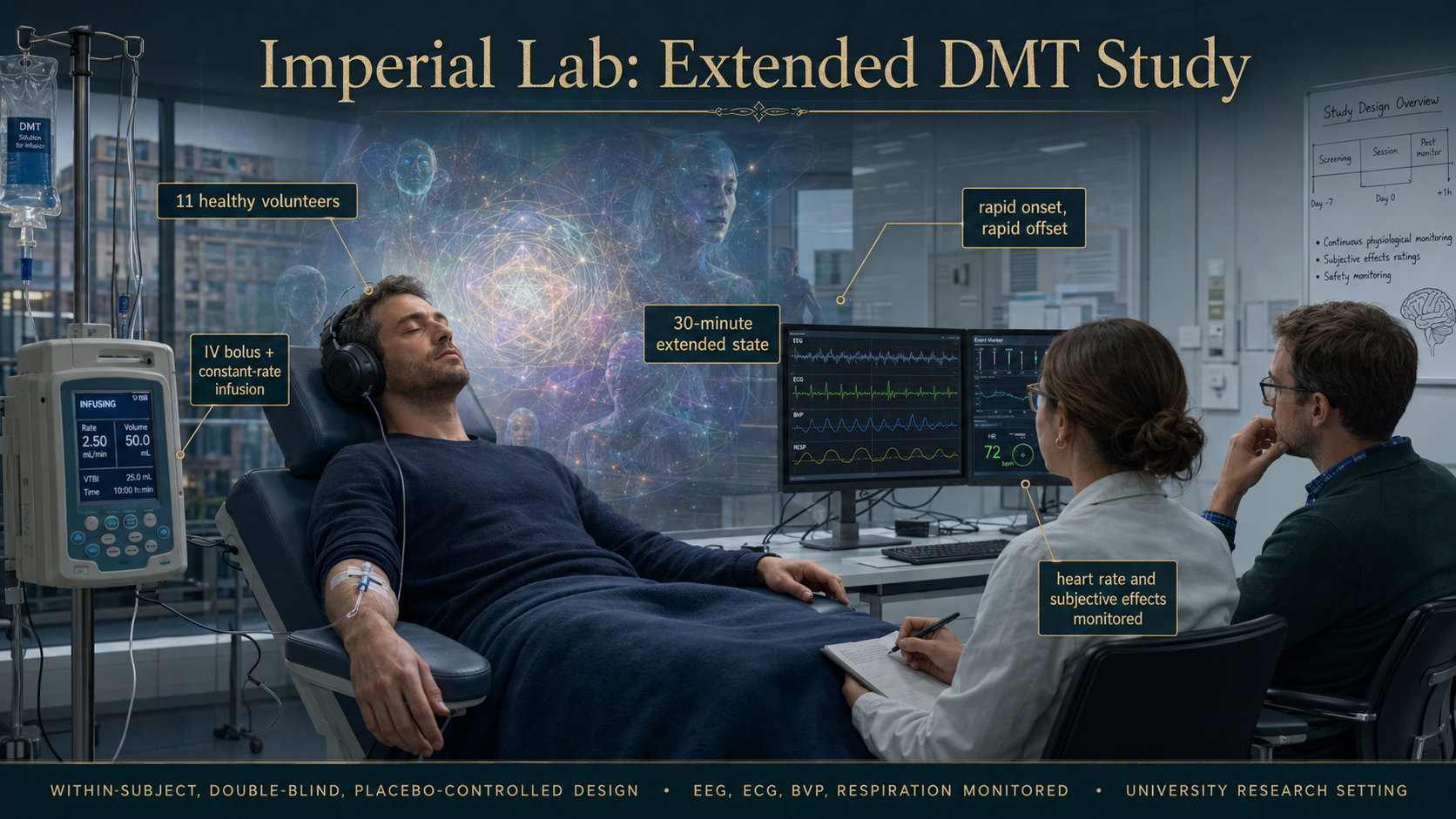 Illustrative reconstruction of an extended-DMT research session. Imperial’s study used an IV bolus followed by constant-rate infusion in eleven healthy volunteers.