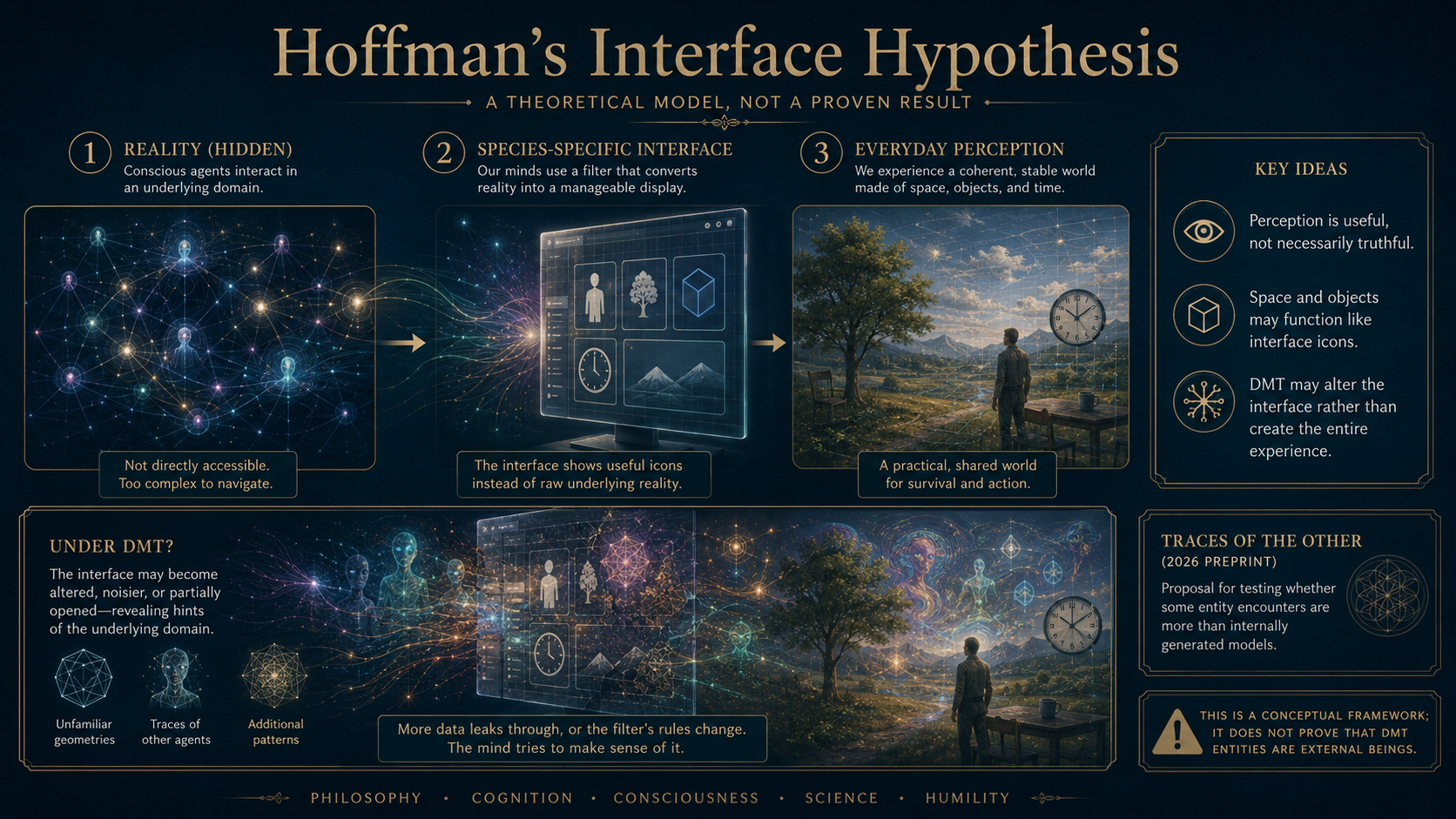 Donald Hoffman’s interface hypothesis, simplified: ordinary perception may display a survival-oriented model rather than reality as it is. Its application to DMT remains theoretical.