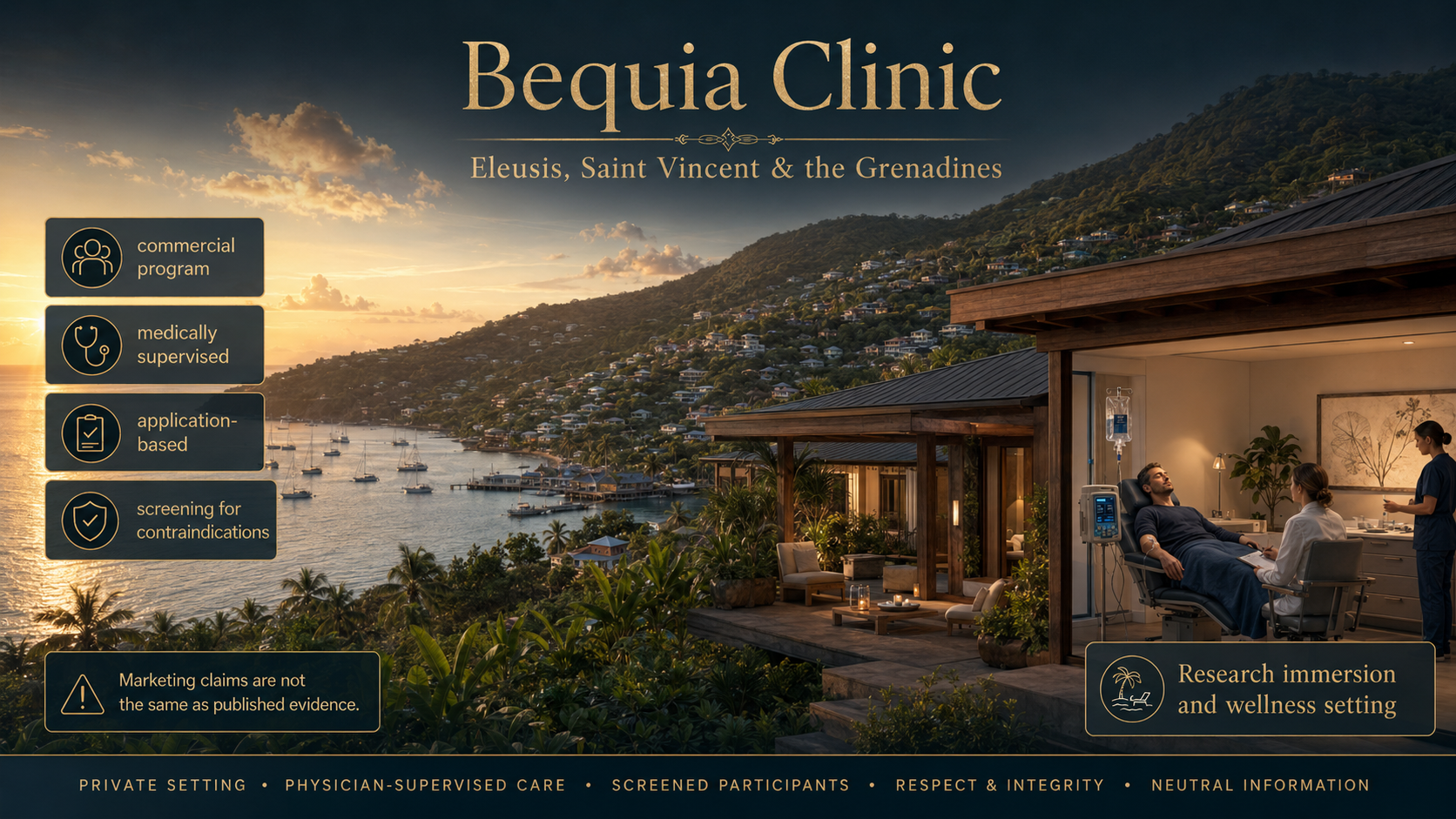 Illustrative representation of a medically supervised DMTx immersion on Bequia—not a documentary image of the Eleusis facility.