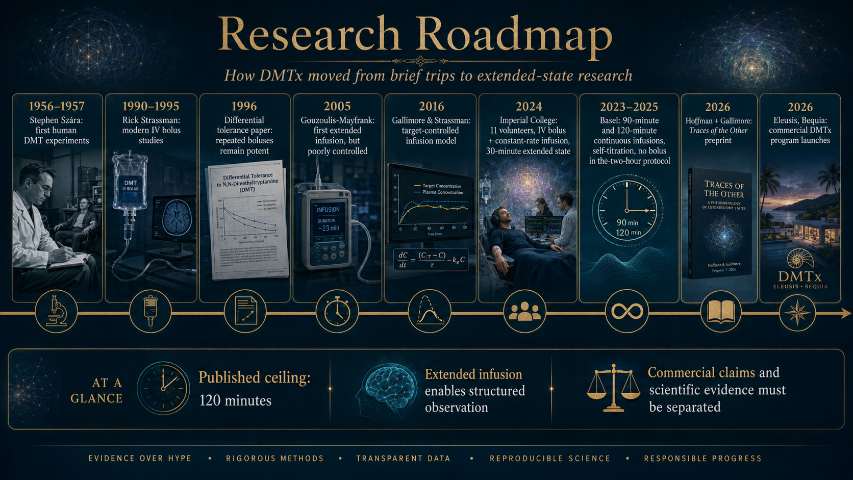 From Szára’s first human experiments to extended infusions, commercial DMTx and proposed structured entity research.