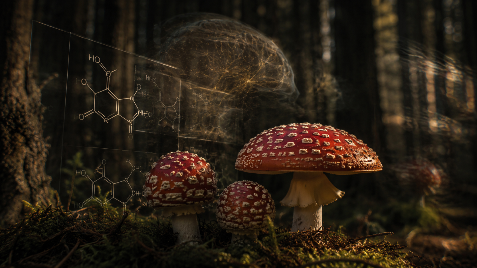 Cluster of red-and-white fly agaric mushrooms growing on a mossy forest floor in soft misty light.