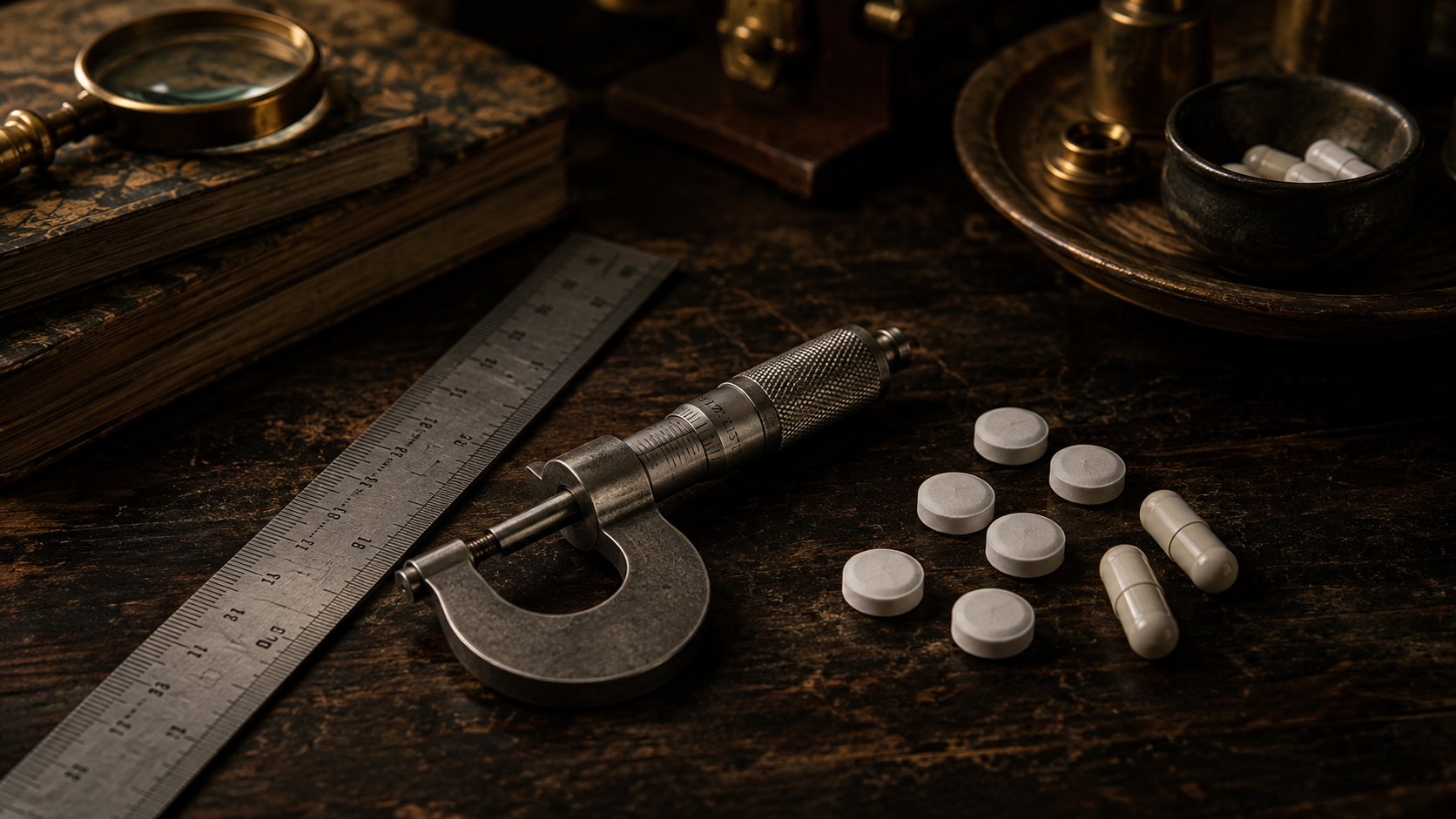 A steel rule and a micrometer beside a set of pills, suggesting two different standards of precision applied to one treatment.
