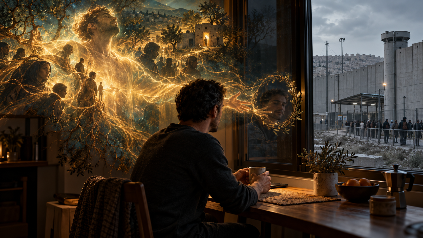 A man holds coffee beside a window as golden psychedelic visions surround him. Outside, people queue at a checkpoint beneath a concrete wall.