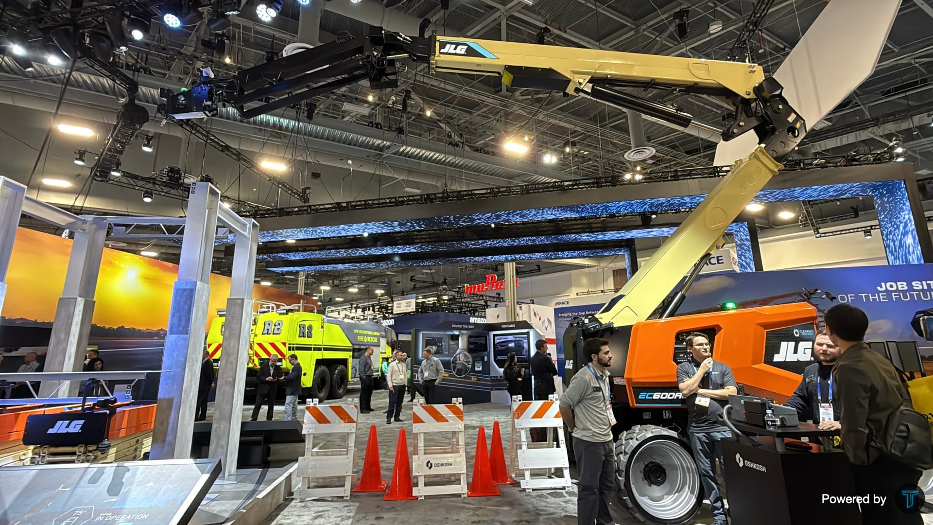 JLG boom lift and Striker Volterra ARFF at the Oshkosh CES 2026 booth