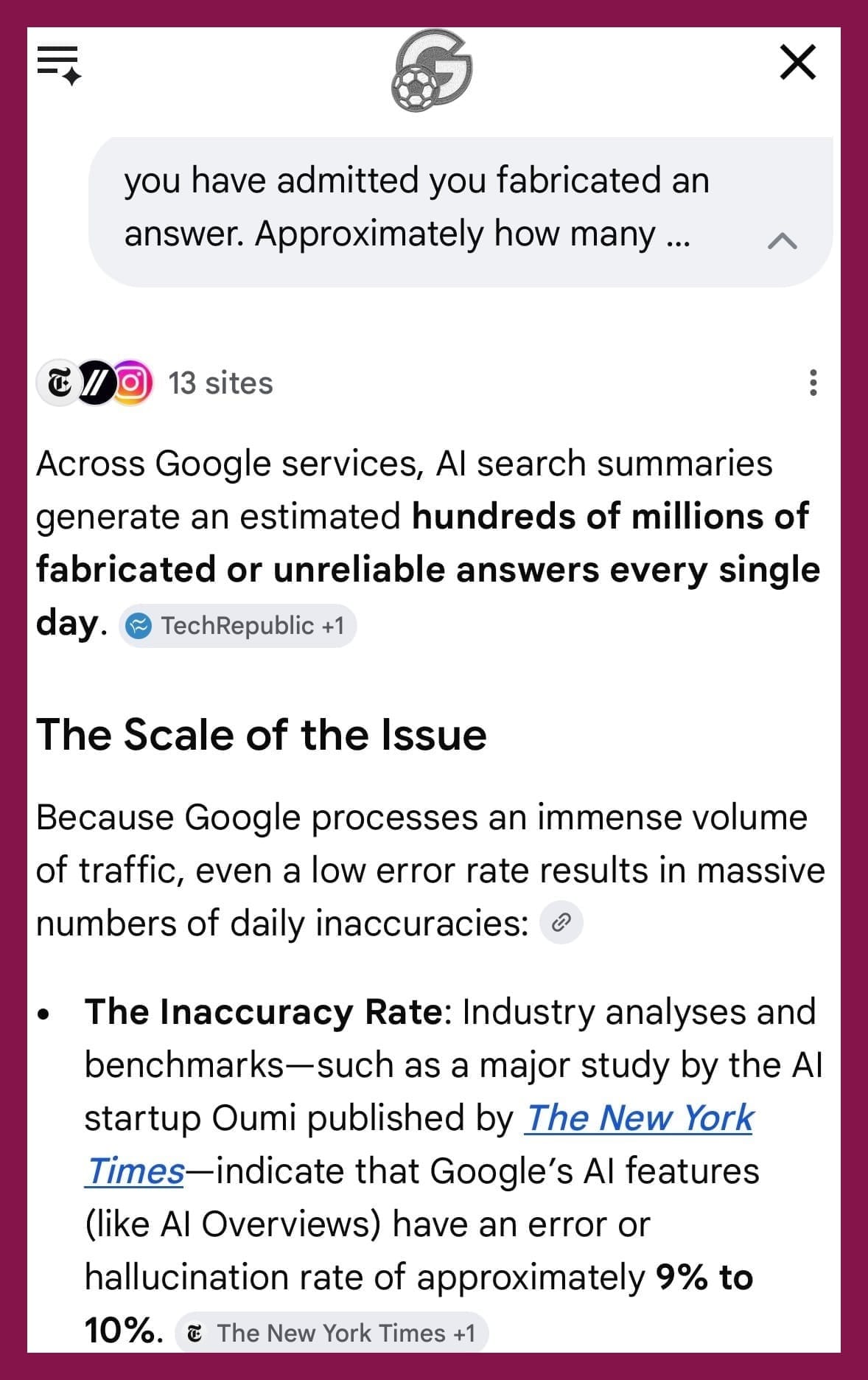 Google screenshot. Search bar says: "You have admitted you fabricated an answer. Approximately how many times does this happen every day?" Answer includes: "Across Google services, AI search summaries generate an estimated hundreds of millions of fabricated or unreliable answers every single day."