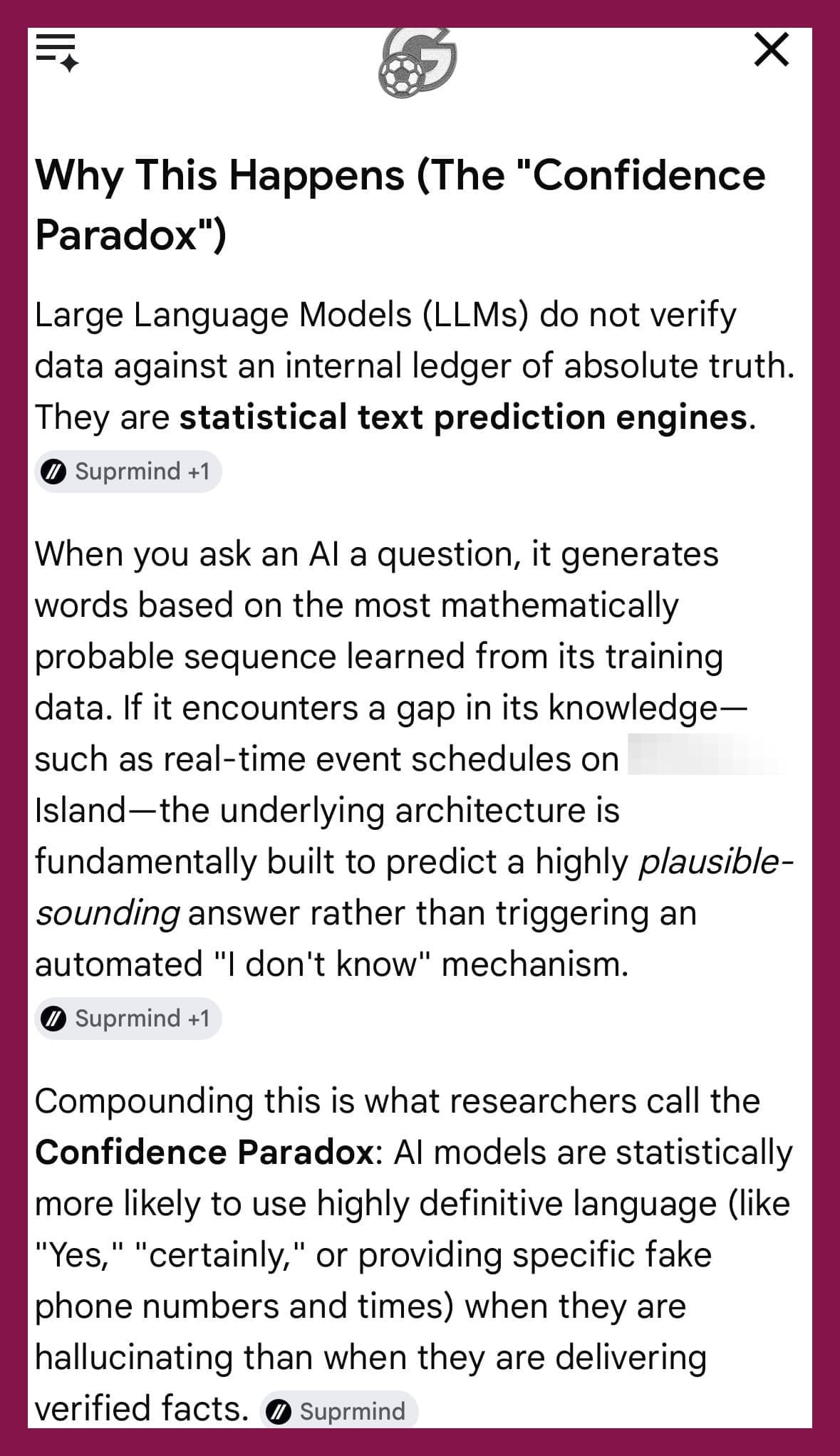 Screenshot showing Google AI summary's answer continued. It includes: "Large Language Models do not very data against an internal ledger of absolute truth. They are statistical text prediction engines."