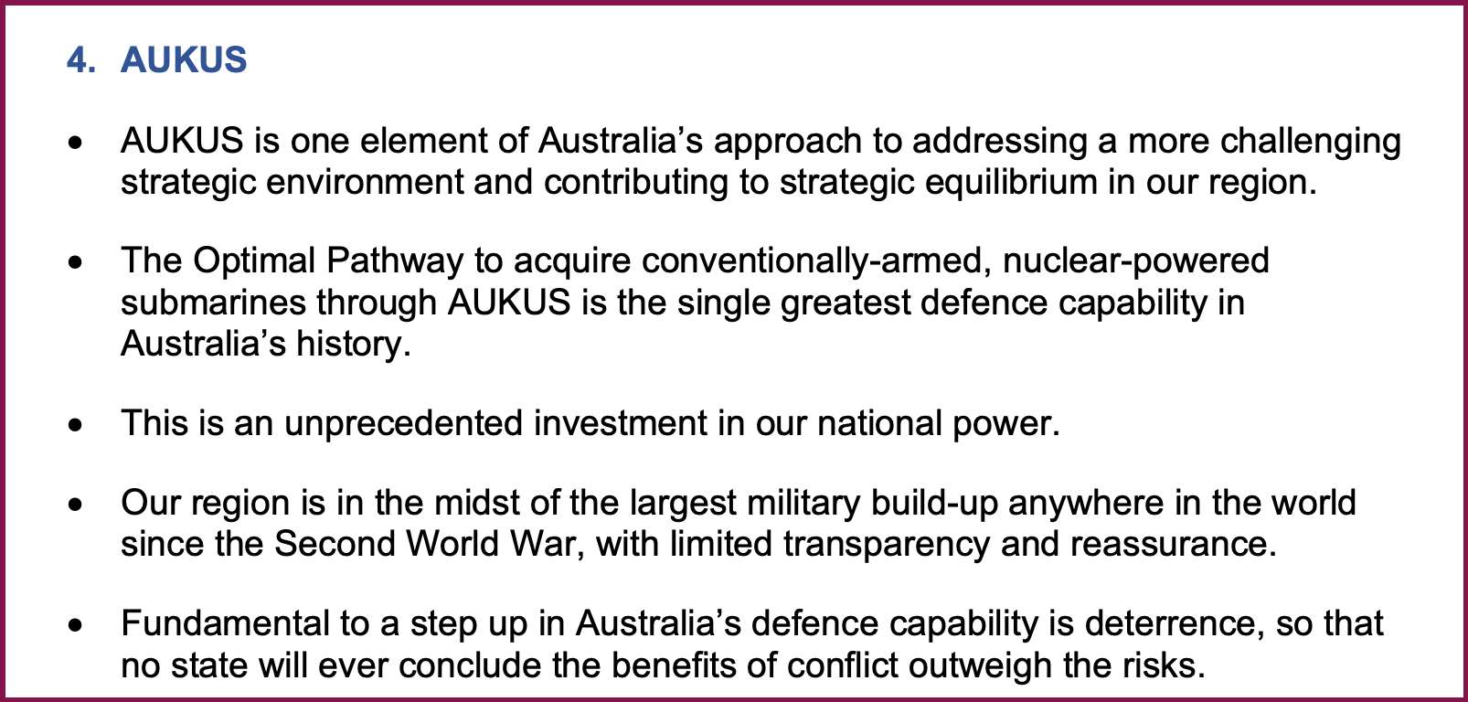 Extract of talking points, with the AUKUS-related section saying it is "one element of Australia's approach to addressing a more challenging strategic environment and contributing to strategic equilibrium in our region". The document also says Australia is focused on "deterrence, so that no state will ever conclude the benefits of conflict outweigh the risks".