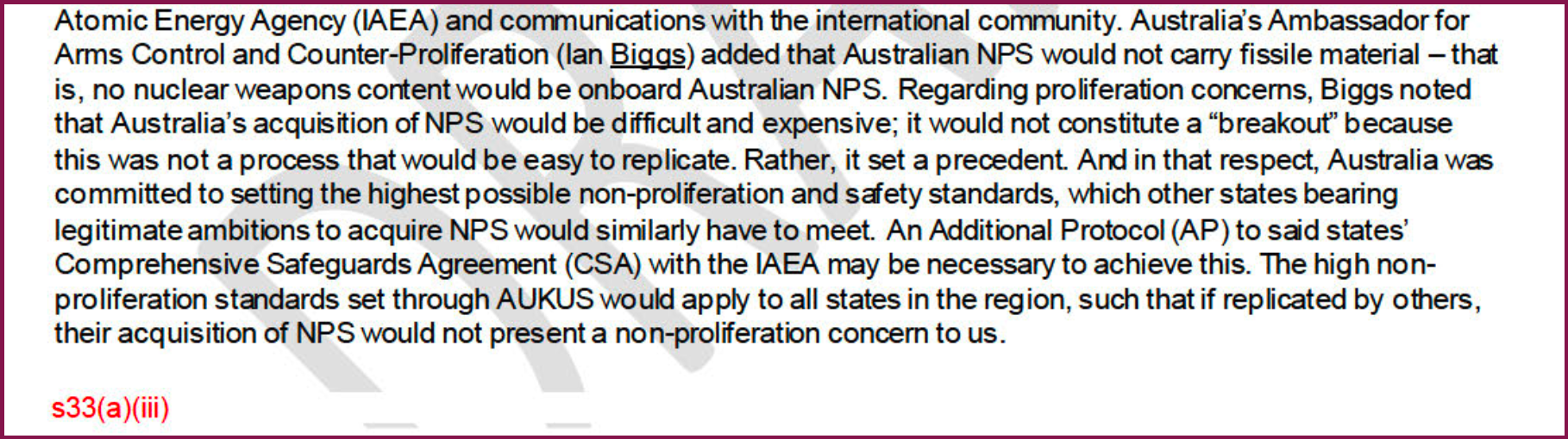 An extract from a document describing briefings for foreign diplomats in Canberra in March 2023, including the assurance that AUKUS would be "difficult and expensive" to replicate.