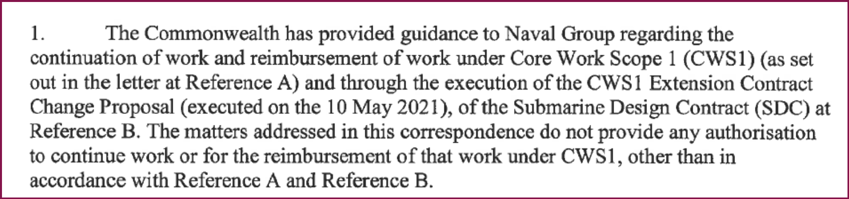 Extract from a letter regarding French submarine contractural negotiations.