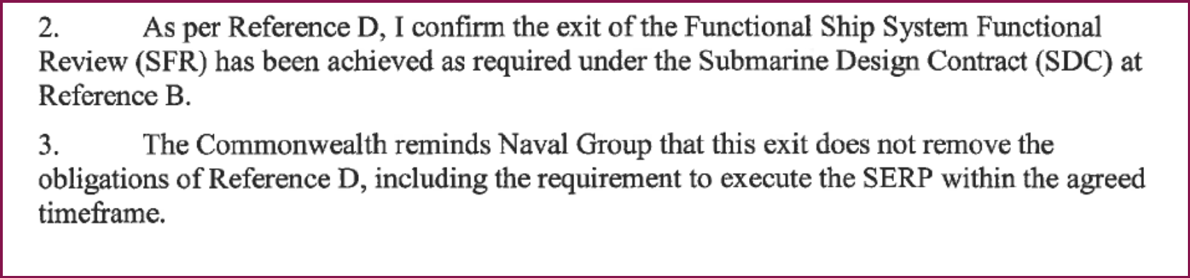 Extract from a letter confirming the achievement of a milestone under the French submarine contract, with conditions.