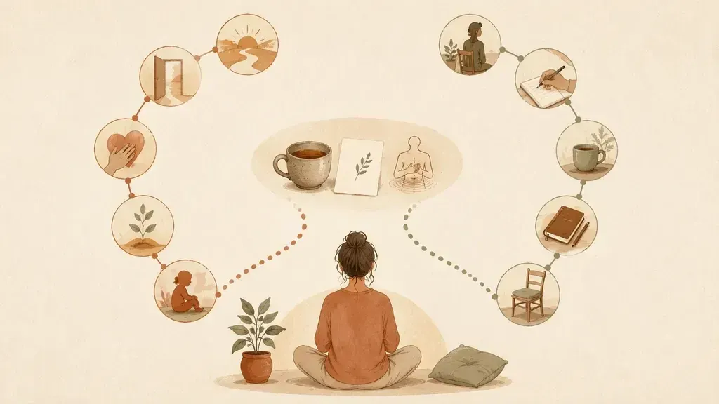 A calm tabletop with three gentle paths suggesting preview, method, and safety.