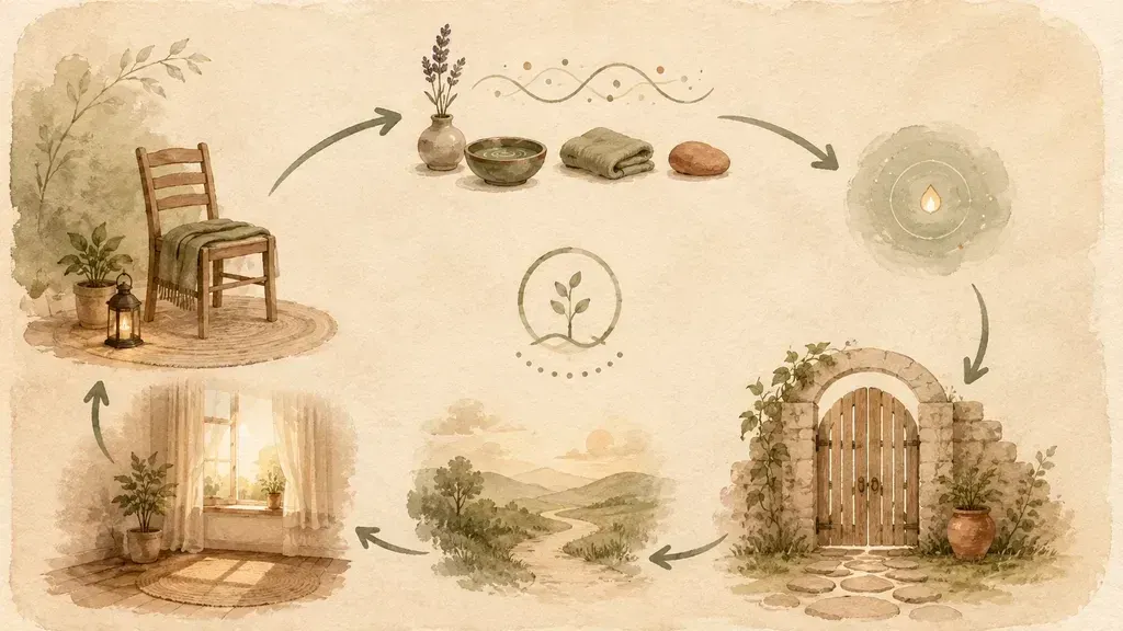 A visual session arc showing arrival, listening, integration, and return.