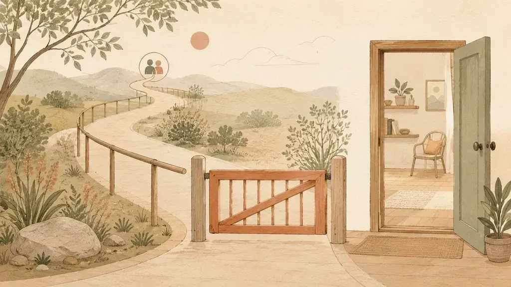 A grounded room with a clear exit and protective boundary around inner work.