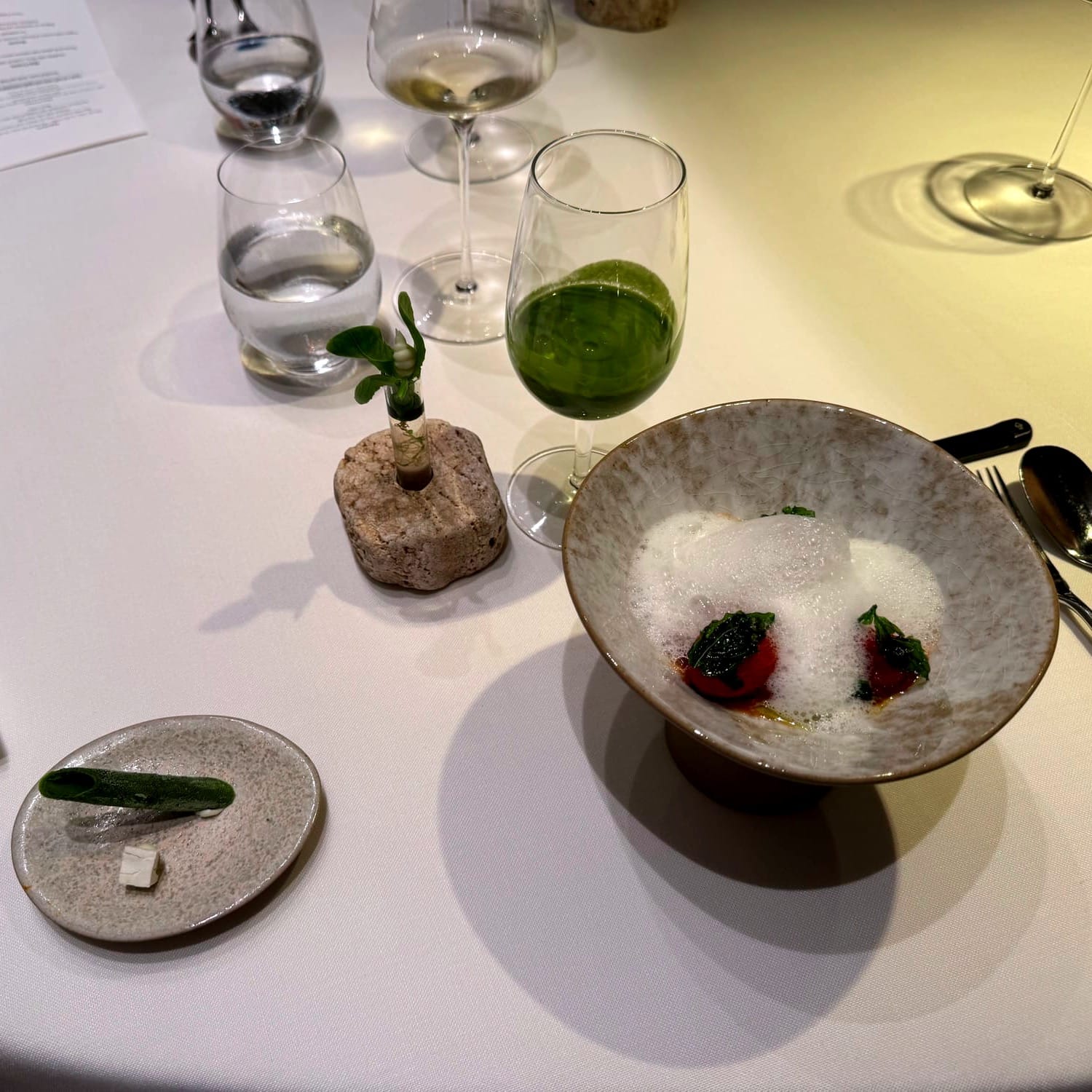 milk tomatoes with dry maccheroni as a pesto ABaC Barcelona