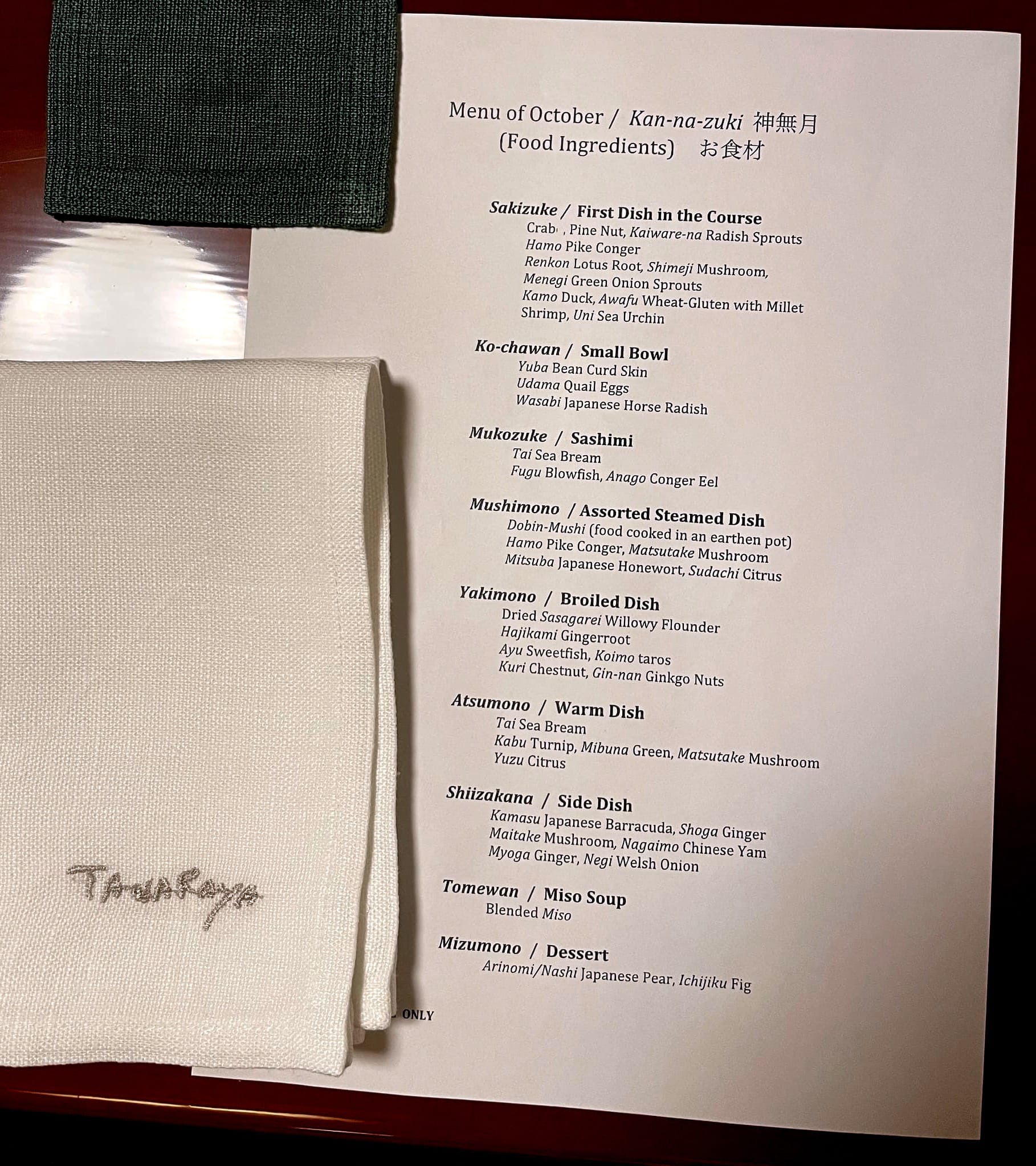 Dinner Menu The Tawaraya Kyoto