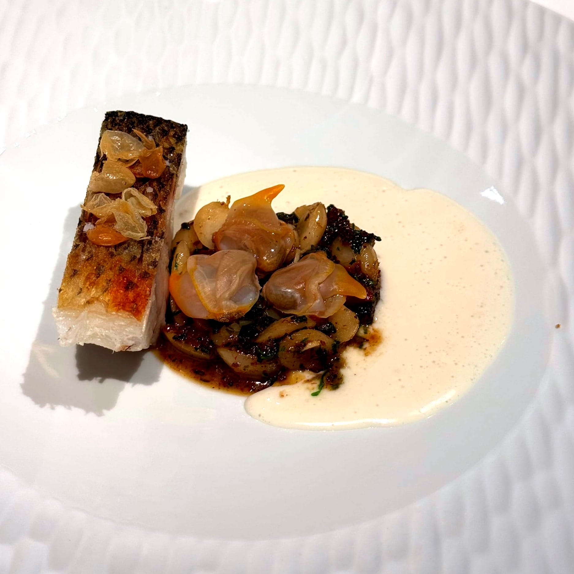 Line-caught sea bass, Paimpol beans, sour seaweed at Le Gabriel Paris