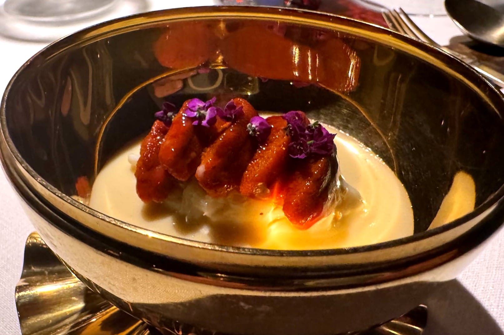 Sweet corn chawanmushi, roasted leek, king crab and smoked sea urchin, Smoked Room Madrid