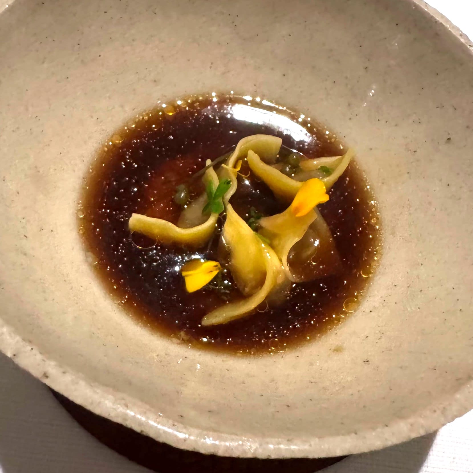 Shell tea with beef marrow cappelletti, Le Clos des Sens