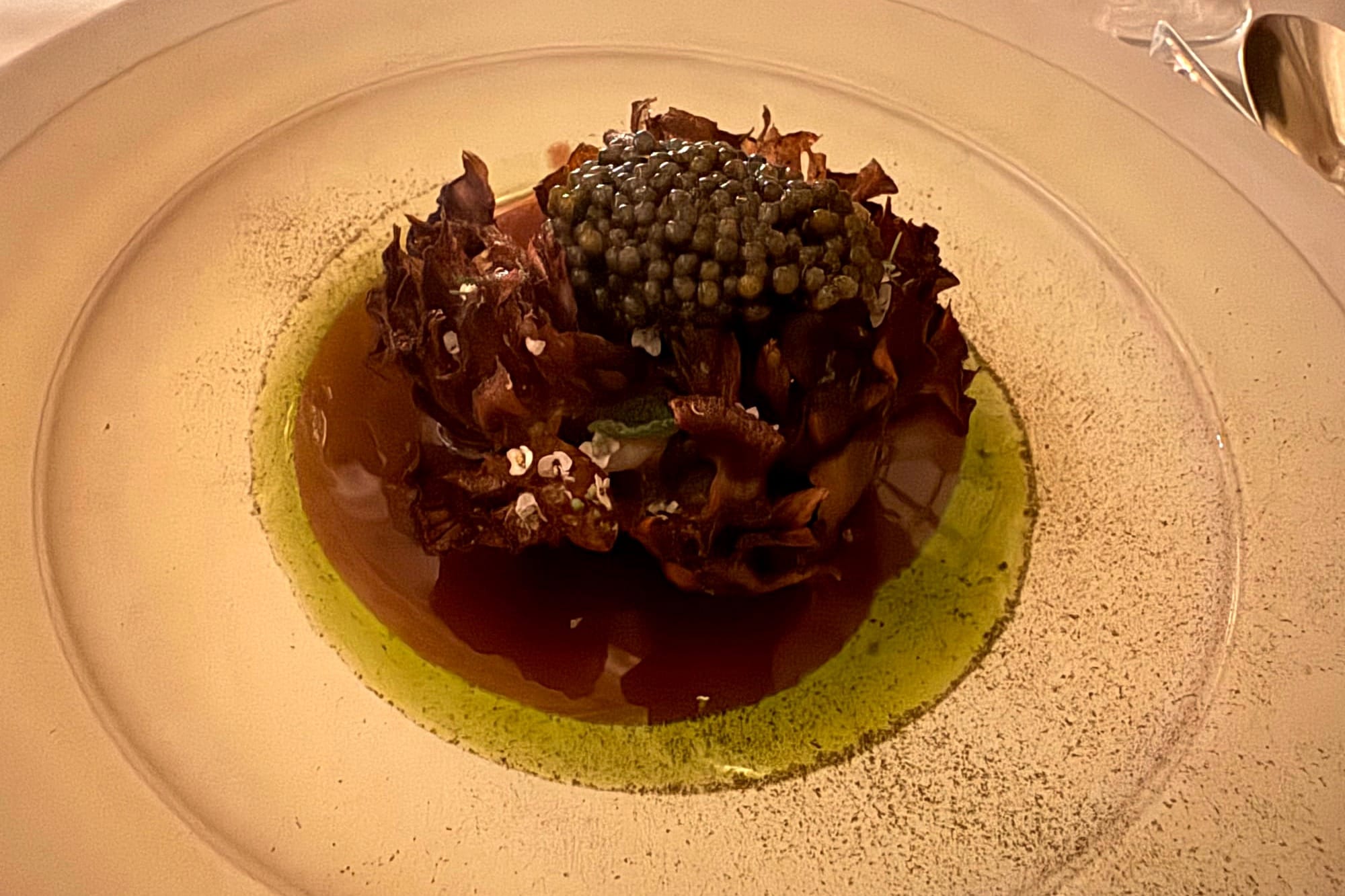 Artichoke, sea anemone and caviar at Louis XV Ducasse Monaco