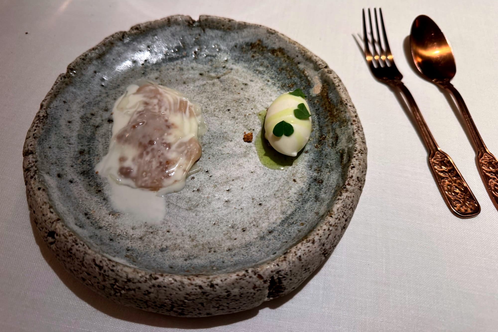 Cream, kefir tofe, goat yogurt and oxalis ice cream at Casa Marcial.