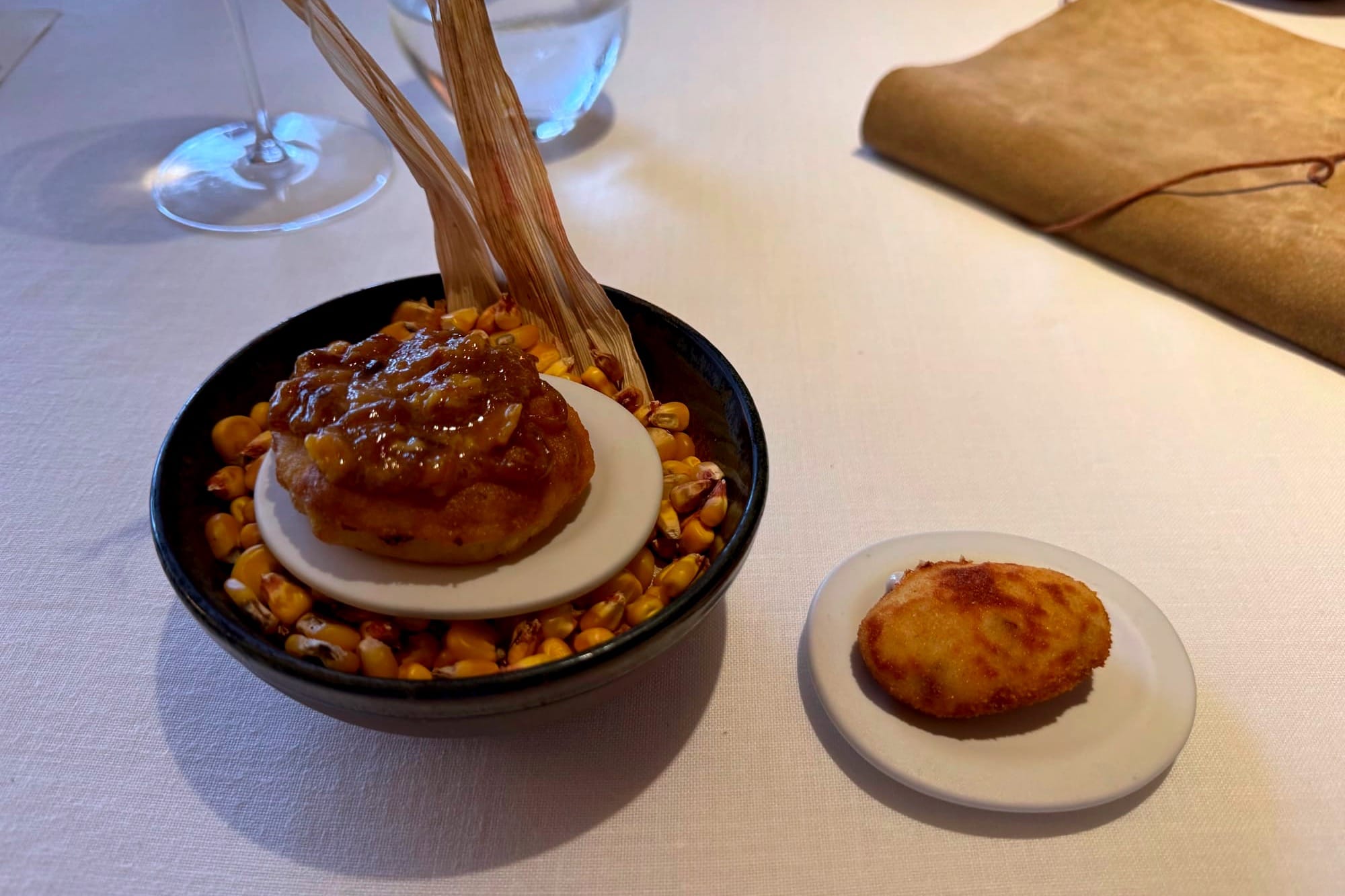Fried corn with scrambled eggs and creamy ham croquette Casa Marcial