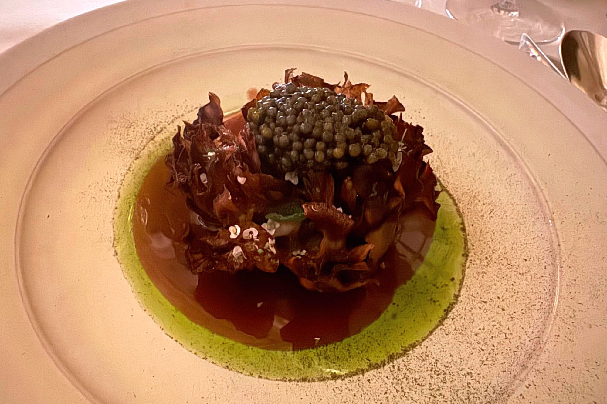 Fried artichoke with caviar at Louis XV Monaco