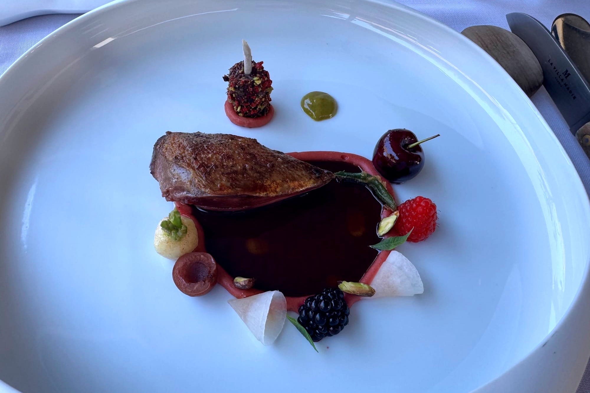 Pigeon breast, massaged with sweet spices, with sakura cherry.