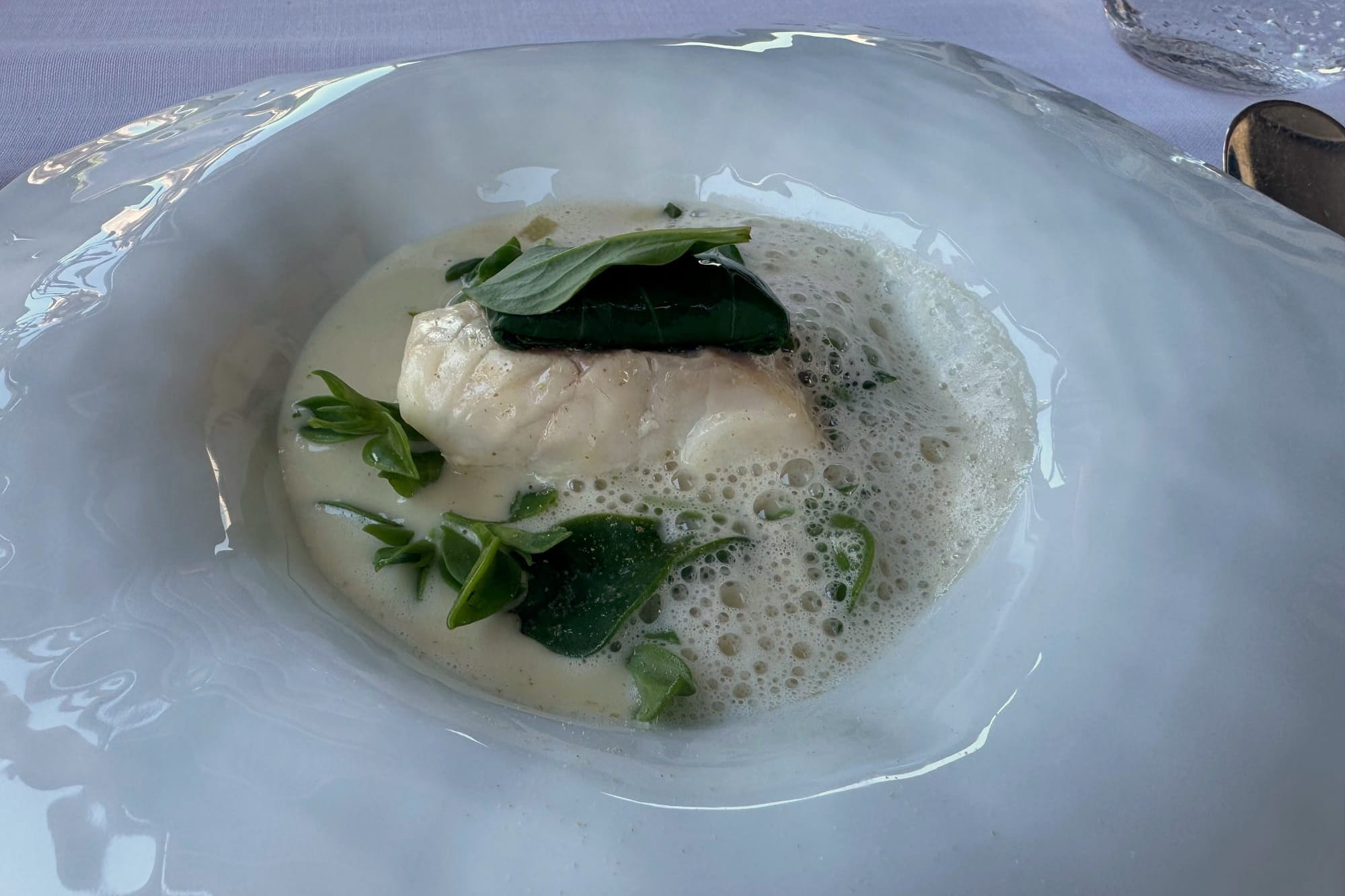 Sea bass under an iodine foam
