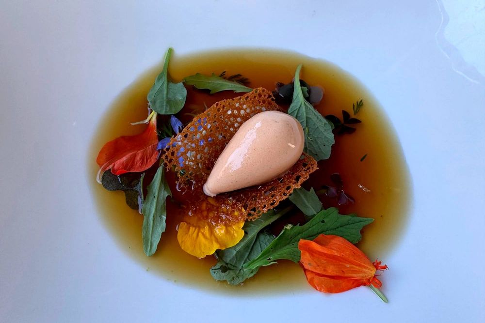 Crab, immersed in a cold broth of its own shells with the herbs of the Janots, and an ice cream made from the meat in the head
