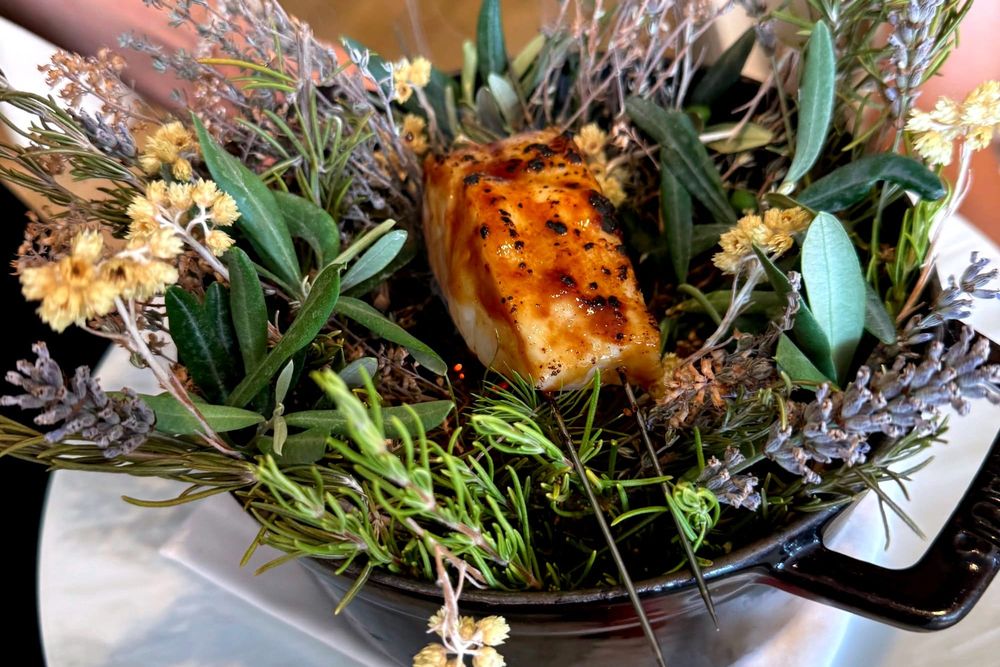 Turbot on binchotan and herbs