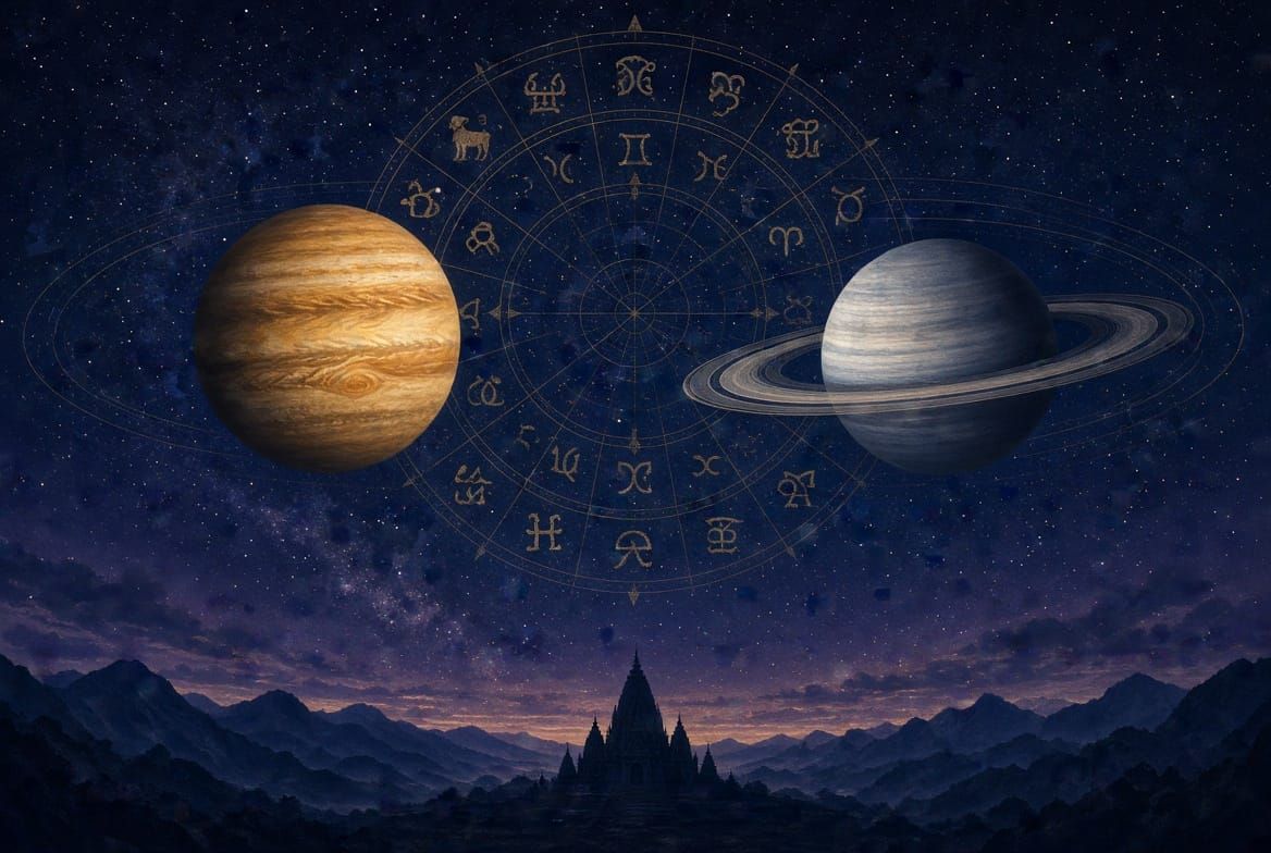 Guru–Shani Yuti: Conjunction, Dignity, and Yogas