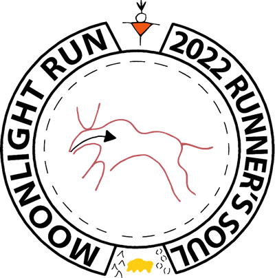 Moonlight Run 2022 Runner's Soul logo. A pictograph of a Matapi symbol, with a buffalo symbol underneath, and a drawing of mountains with an iniskim and buffalo tracks.