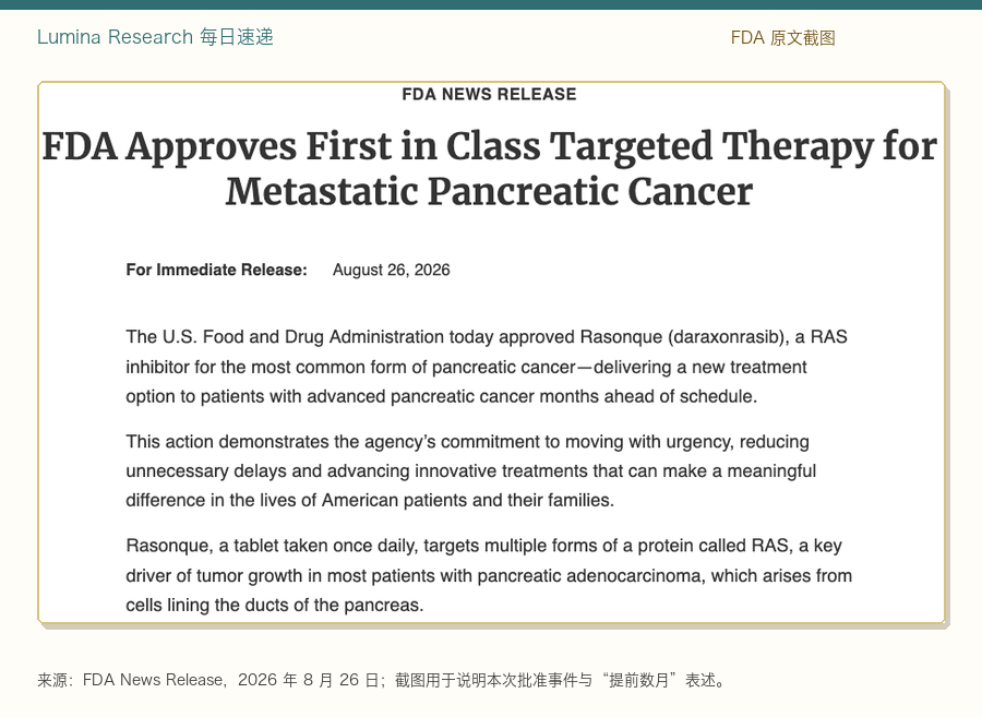 FDA 公告截图：Rasonque 获批用于转移性胰腺癌，公告称比原定时间提前数月。