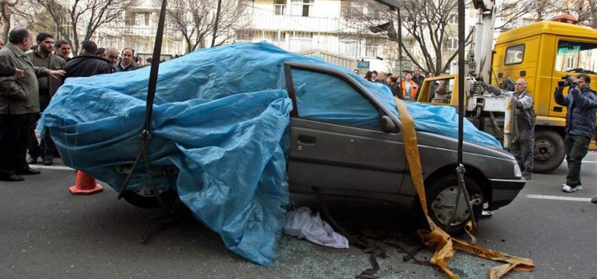 Car of Mostafa Ahmadi-Roshan, Iranian nuclear scientist. Assassins reportedly attached magnetic bombs to his vehicle.
