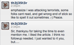 Twitter Direct Message from th3j35t3r to Blogs of War