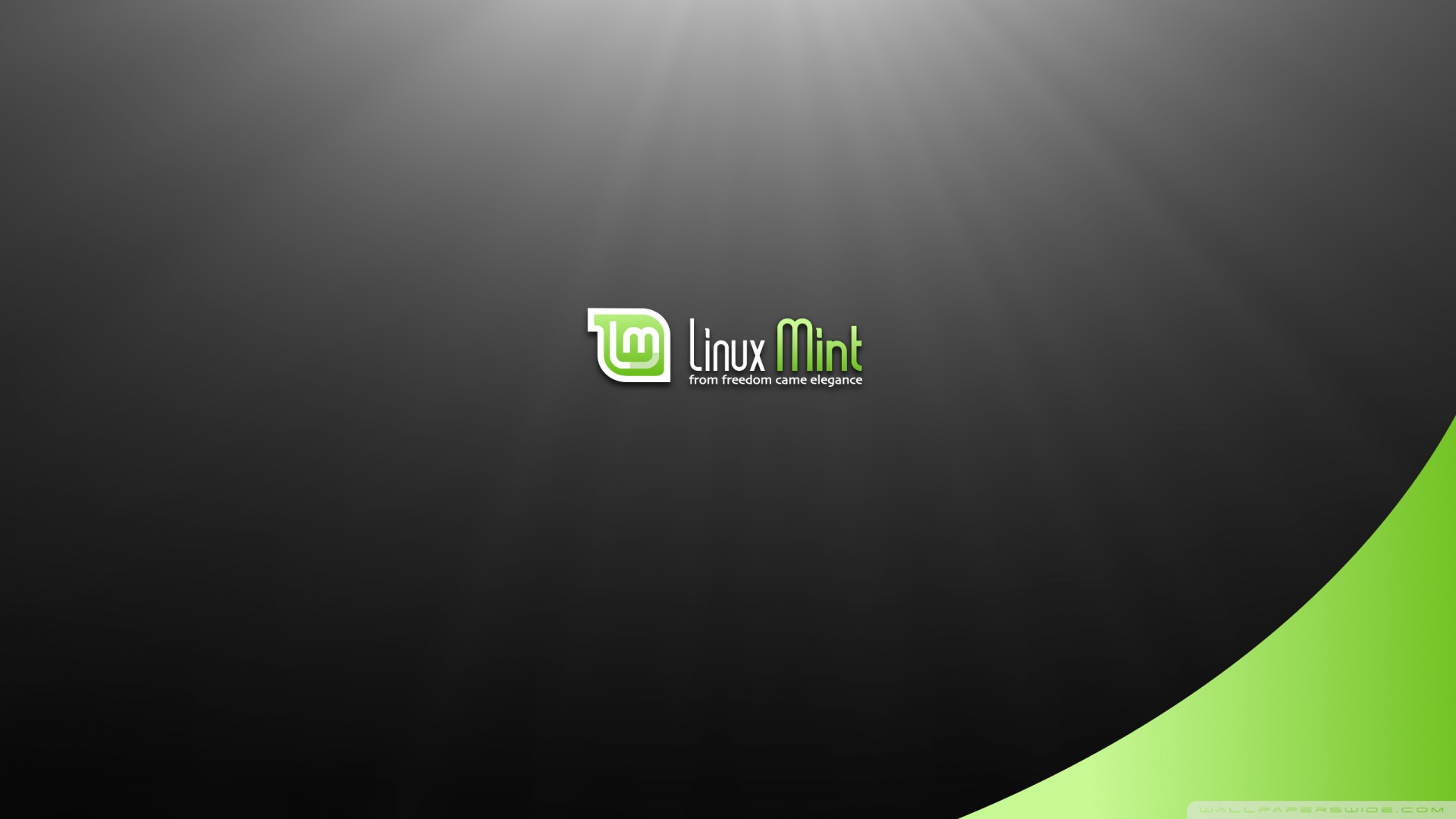 Linux Mint logo centered on a dark gray wallpaper with a curved green corner.