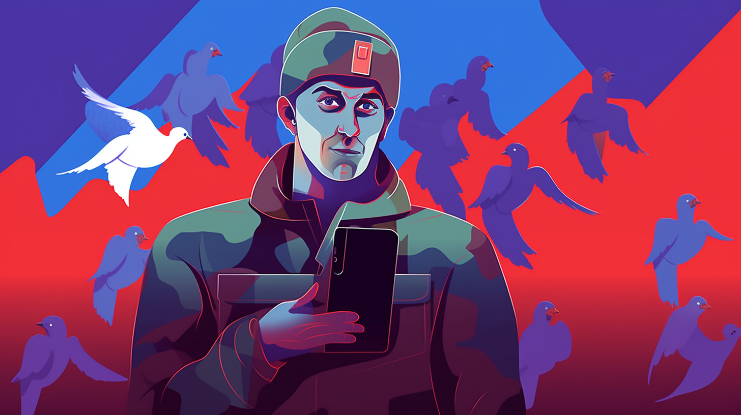 A Russian soldier checks his phone
