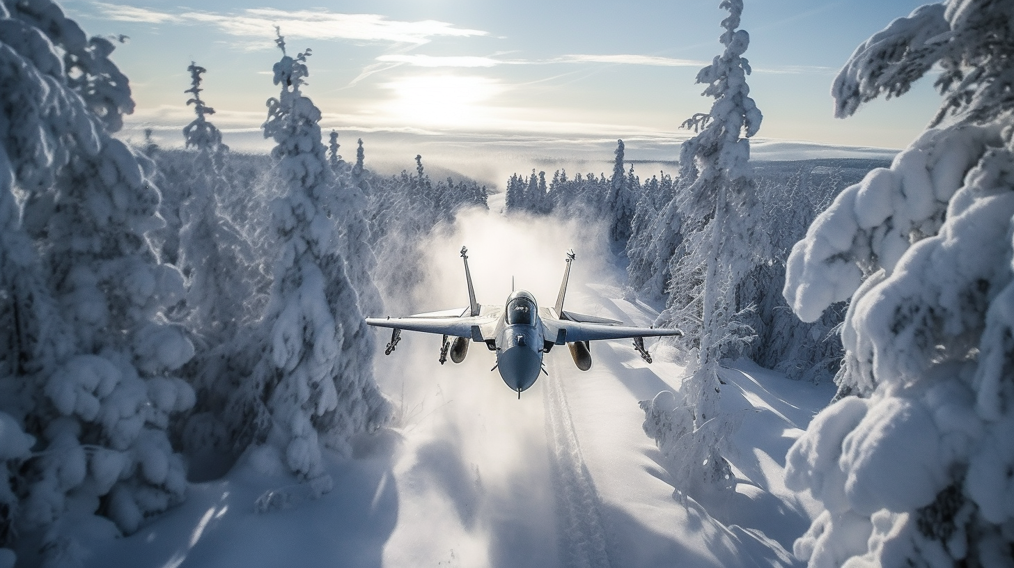 A jet flies through snow covered trees