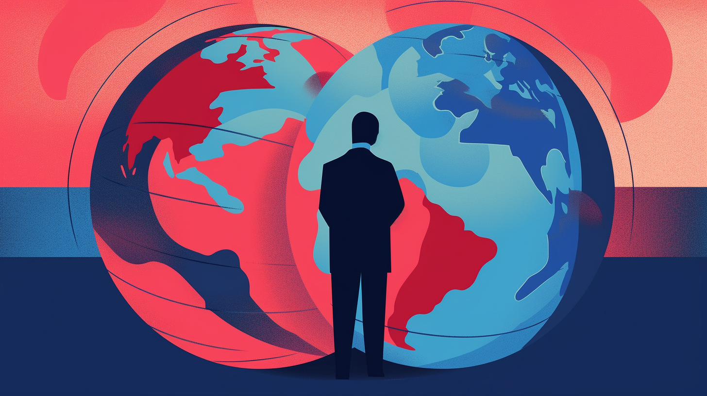 iIlustration of a man in front of two competing globes