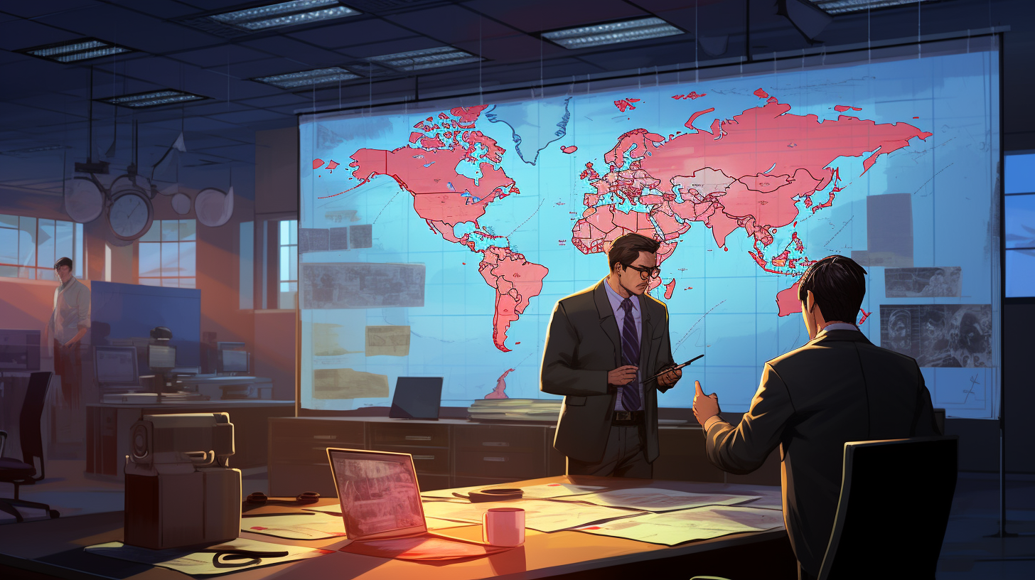 Analysts discussing intelligence in front of a global map
