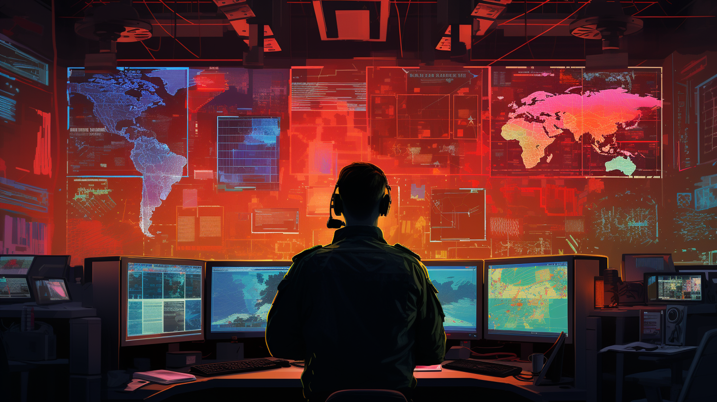 A silhouetted operator with a headset watches giant, red-lit digital global maps inside a military command center.