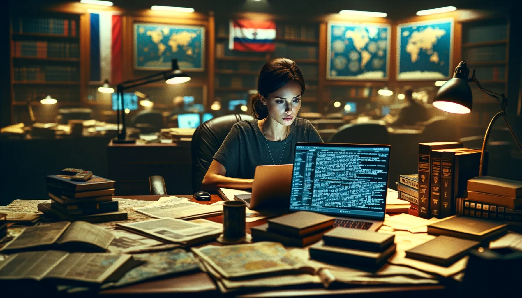 An analyst at work on a desk strewn with books and papers.