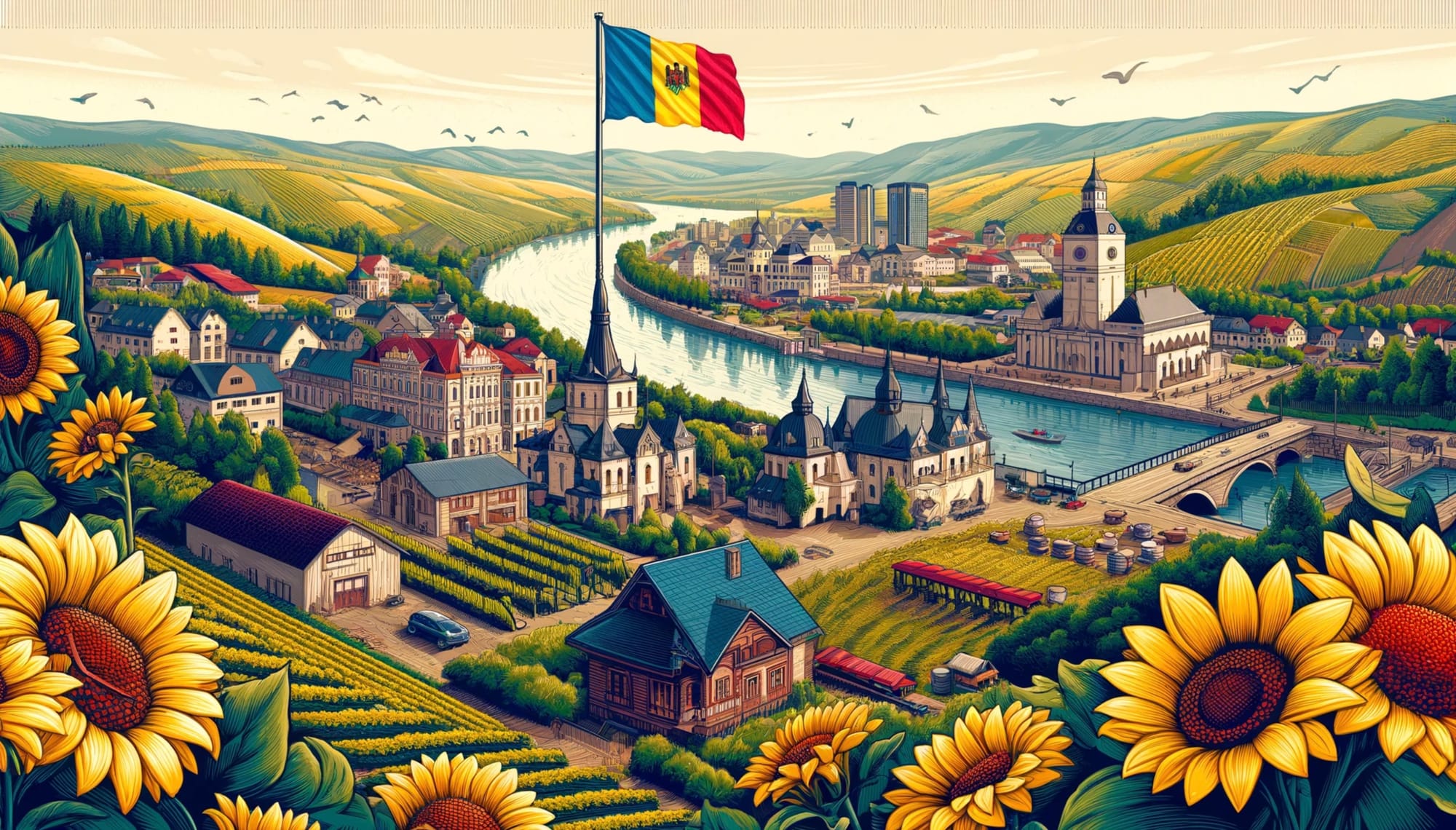 A colorful illustration of a city in Moldova