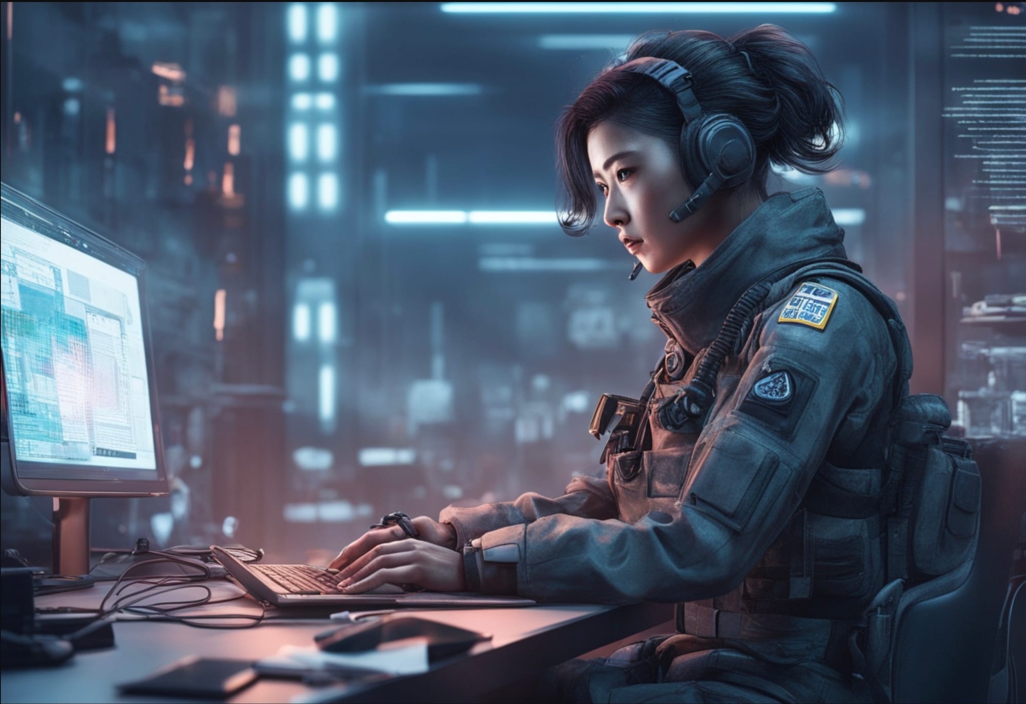 A futuristic looking soldier analyst at a workstation