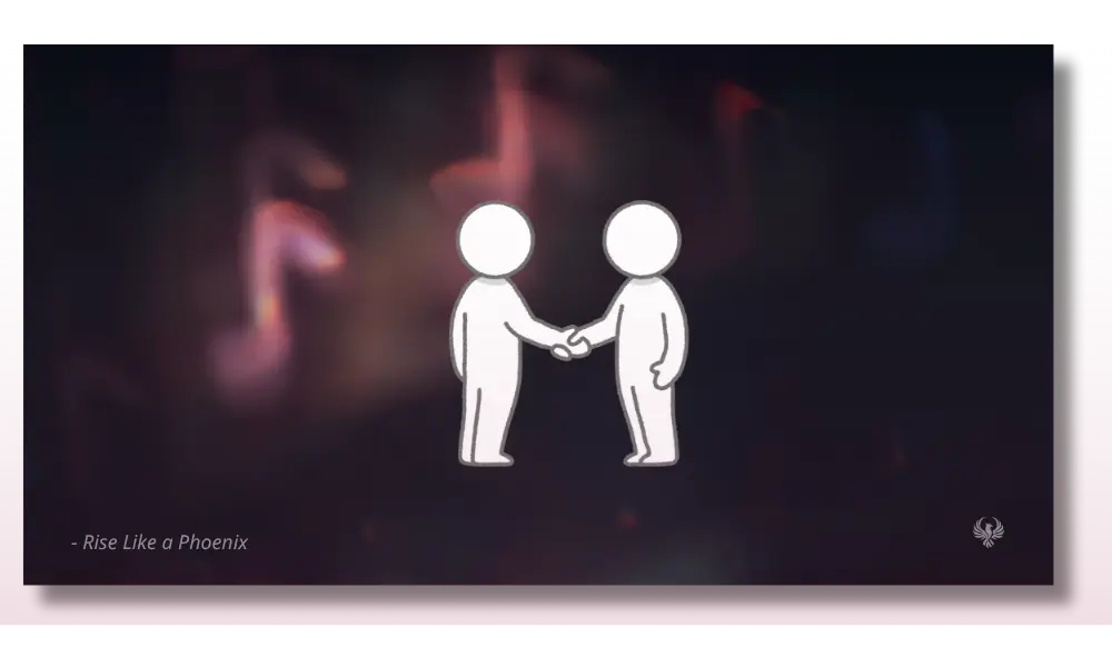 Soul contracts symbolized by two people agreeing under a cosmic backdrop