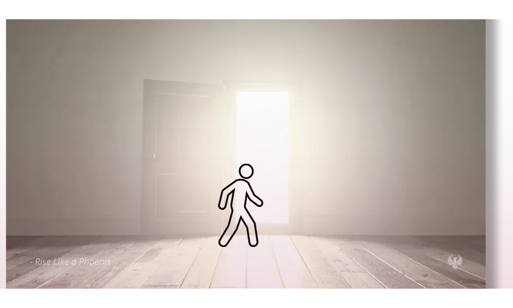 Breaking free from karmic cycles shown as a figure walking into light