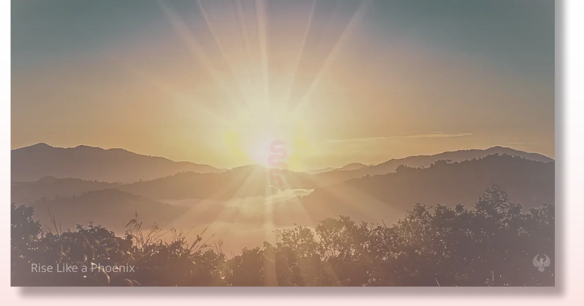 Golden sunrise over mountains with a faint serpent-shaped glow at the sun's center, symbolizing the fulfillment of kundalini awakening.