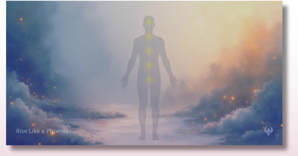 Silhouette with light points along the body symbolizing ancestral energy centers and healing through awareness.